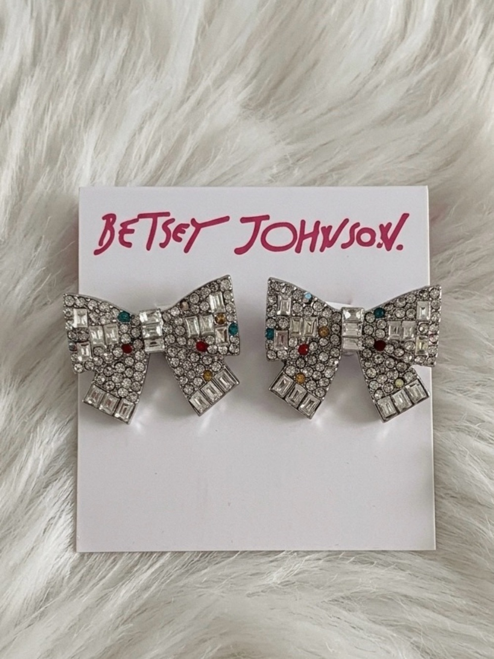 Betsey Johnson Crystal Bow Earrings Rhinestone Multicolor Statement Stud